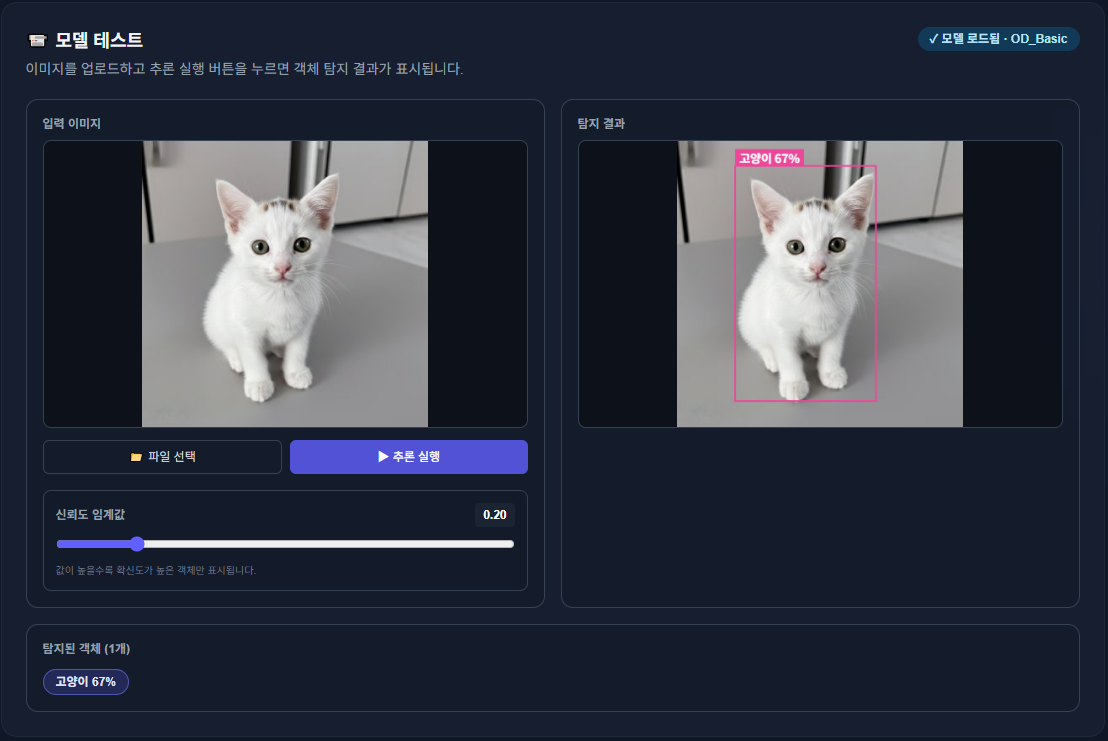 완성된 AI가 사진 속 고양이를 탐지해낸 모델 테스트 화면